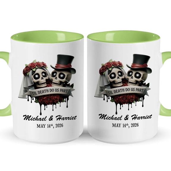Customizaholic Till Death Do Us Part Personalized Skull Wedding Mug – Custom Couple Names & Date Gothic Anniversary Coffee Mug Gift