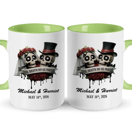 Customizaholic Till Death Do Us Part Personalized Skull Wedding Mug – Custom Couple Names & Date Gothic Anniversary Coffee Mug Gift