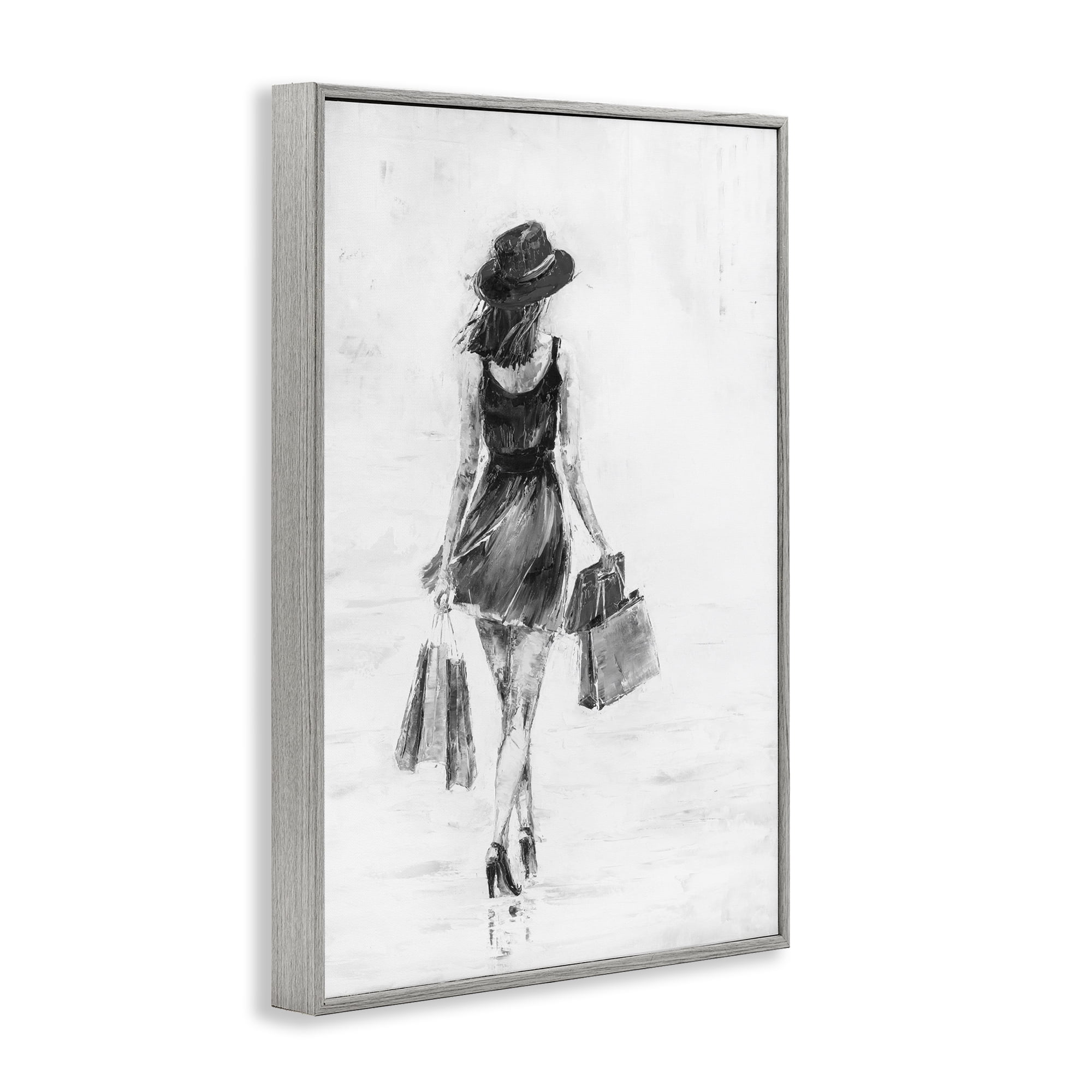 Stupell Industries Girl with Shopping Bags Novelty Painting Gray Framed Art Print Wall Art, 12 x 18