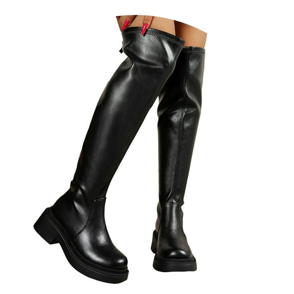 Platform Thigh High Boots for Women Fashion Leather Slim Fit Chunky Mid Heel over The Knee Tall Boots Fall Black