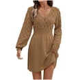 thumbnail image 6 of Knit Dress for Women Trendy Long Sleeve Sweater Dresses V Neck High Waist A-Line Short Dress Womens Fall Clothes (L, Khaki), 6 of 6