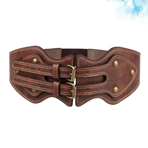 WHAMVOX Brown PU Leather Wide Belt with Double-agio Buckle Adjustable for Women Fits Decorative Use 86cm