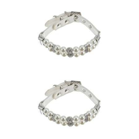 2 Pieces Dog Pearl Collar Cat Jewelry Rhinestone Collars with Tag Necklace for Girls White