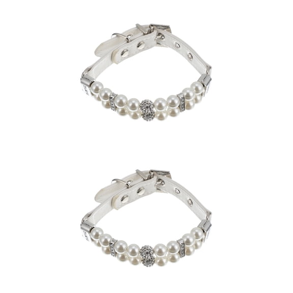 2 Pieces Dog Pearl Collar Cat Jewelry Rhinestone Collars with Tag Necklace for Girls White