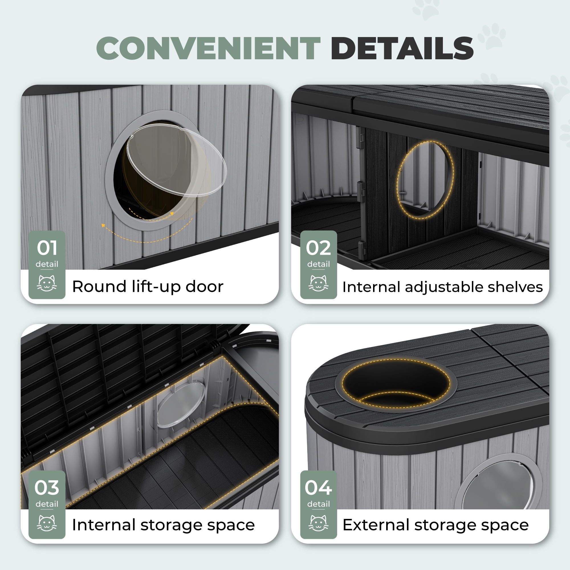 LHBcraft Cat Litter Box Enclosure,HDPE Cat Cabinet with Round Lift-Up Door,Hidden Cat Litter Box Furniture for Bedroom and Living Room,Gray