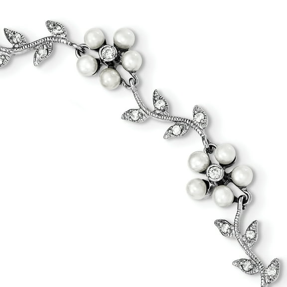 Primal Silver Sterling Silver Rhodium-plated Freshwater Cultured Pearl and Cubic Zirconia Floral Bracelet