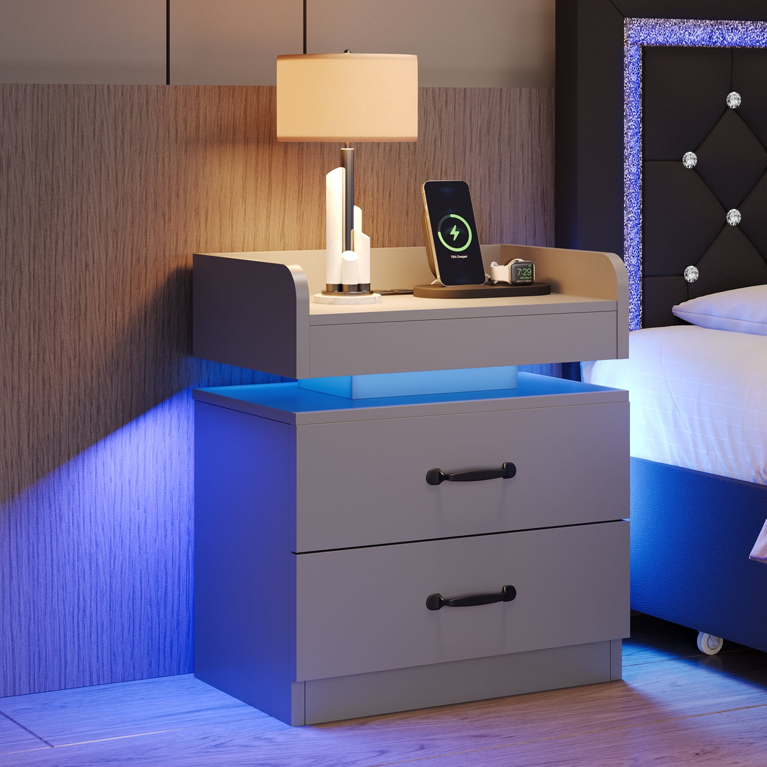 4 EVER WINNER Nightstand with Charging Station, LED Night Stand with 2 Drawers, Modern Beside End Table Side Table for Bedroom Living, Gray