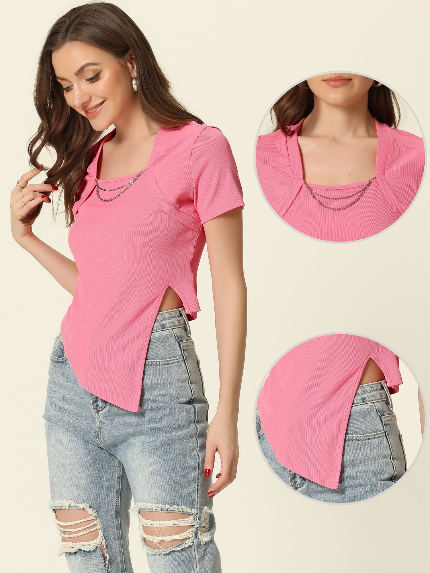 Unique Bargains Asymmetrical Crop Top for Women's Short Sleeve Square Neck T-shirt L Pink
