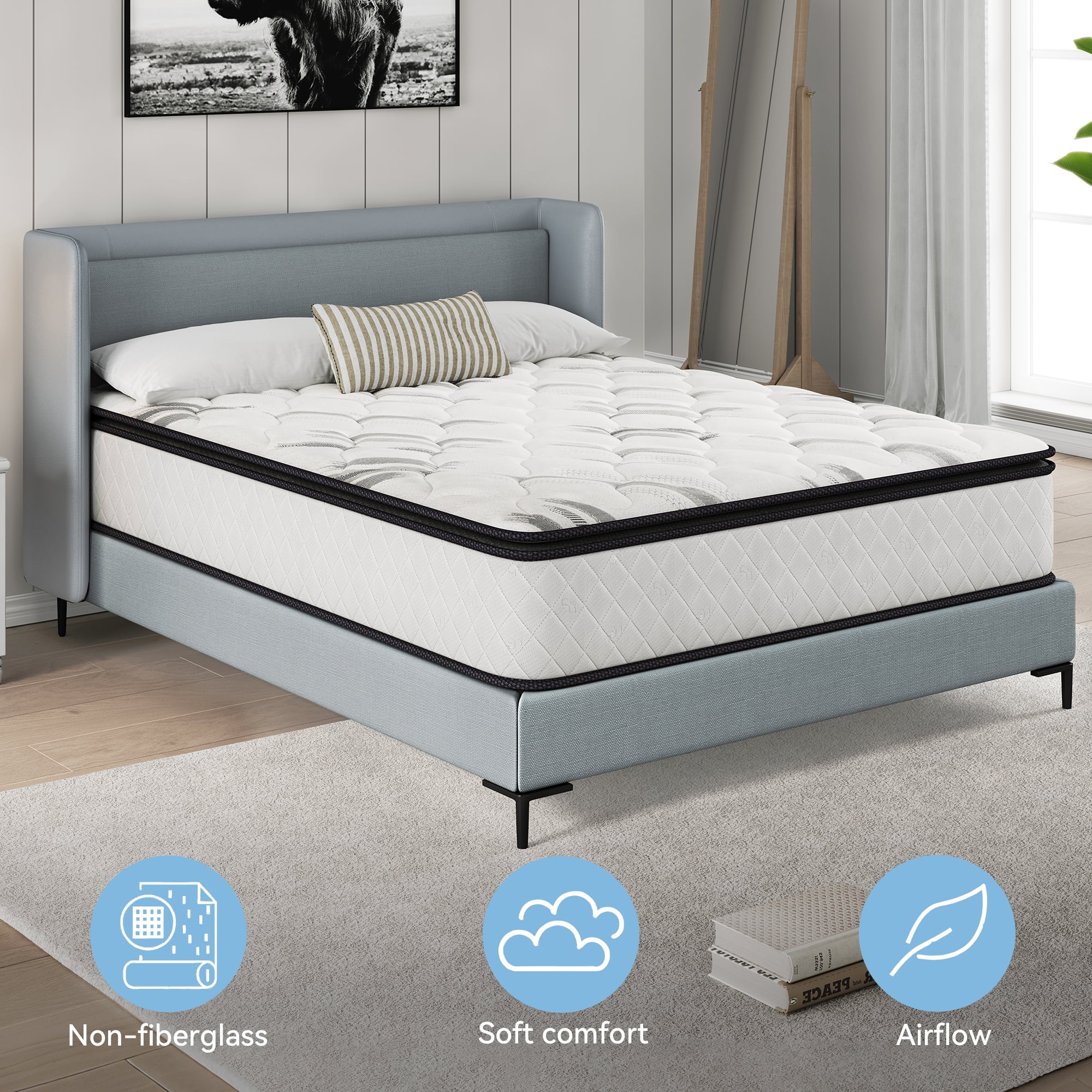 Sailvan Full Size Mattress 14 inch, Queen Mattress in a Box, Hybrid Mattress Full, Full Bed Mattress With Memory Foam & Pocket Spring, Medium Firmness, CertiPUR-US, White& Black