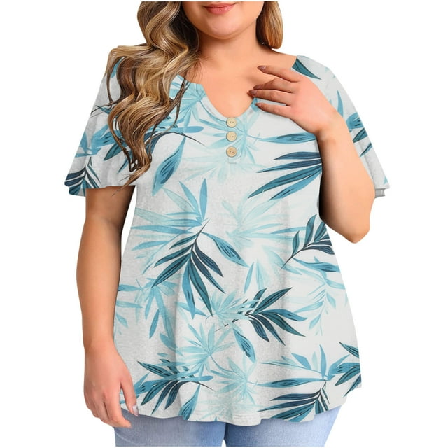 Birdeem Blouse Décontractée à Manches Courtes Imprimée pour Femmes, Grande Taille, à Volants, Col en V