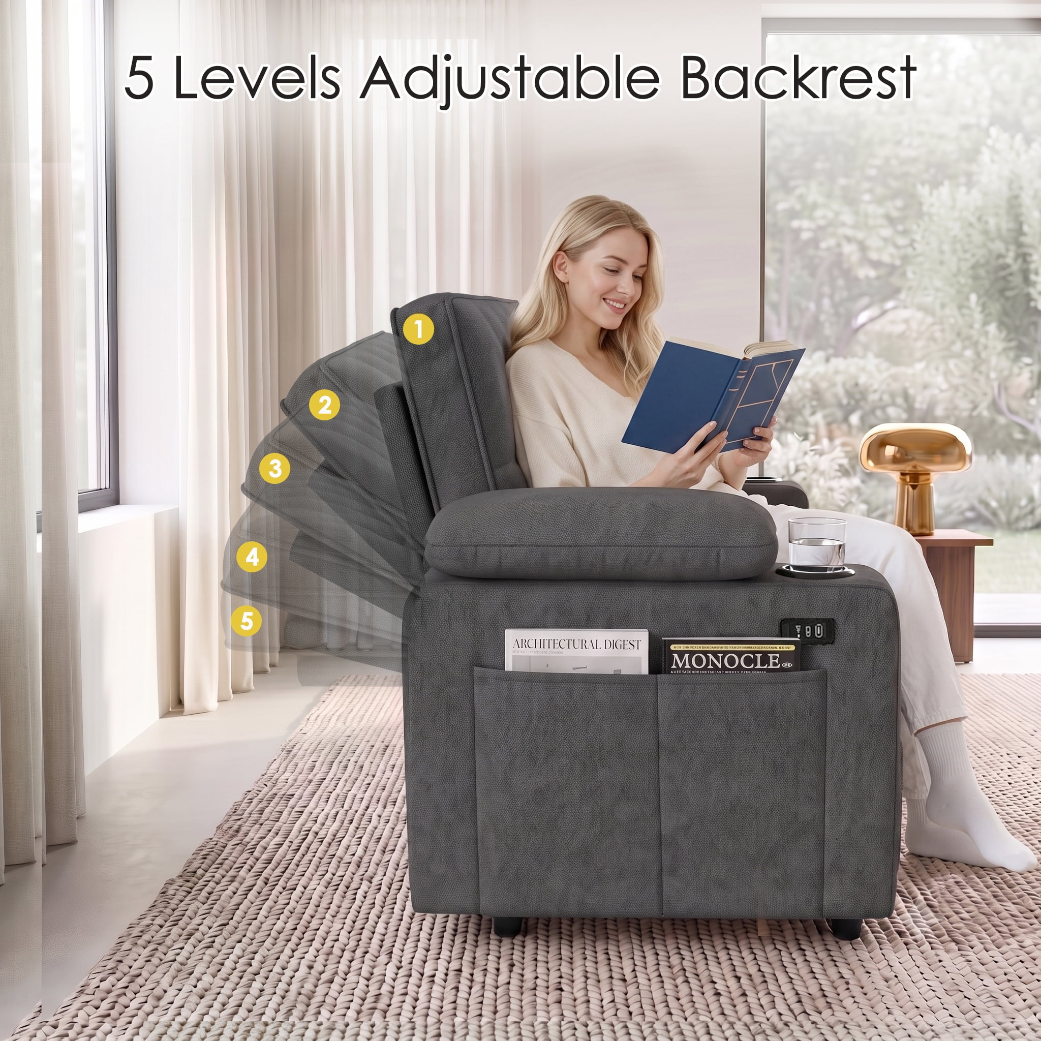 58" Convertible Sleeper Sofa Bed, Full Size Pull Out Couch with USB Charging, Cup Holders, Adjustable Backrest & Side Pockets, Towel Fabric Loveseat for Living Room, Apartment, Office (Dark Gray)