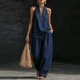 thumbnail image 6 of Quixlent Halter Denim Set for Women Sleeveless Tank Top And Wide Leg Pants Lounge Sets Summer Casual Two Piece Outfits with Pockets, 6 of 8
