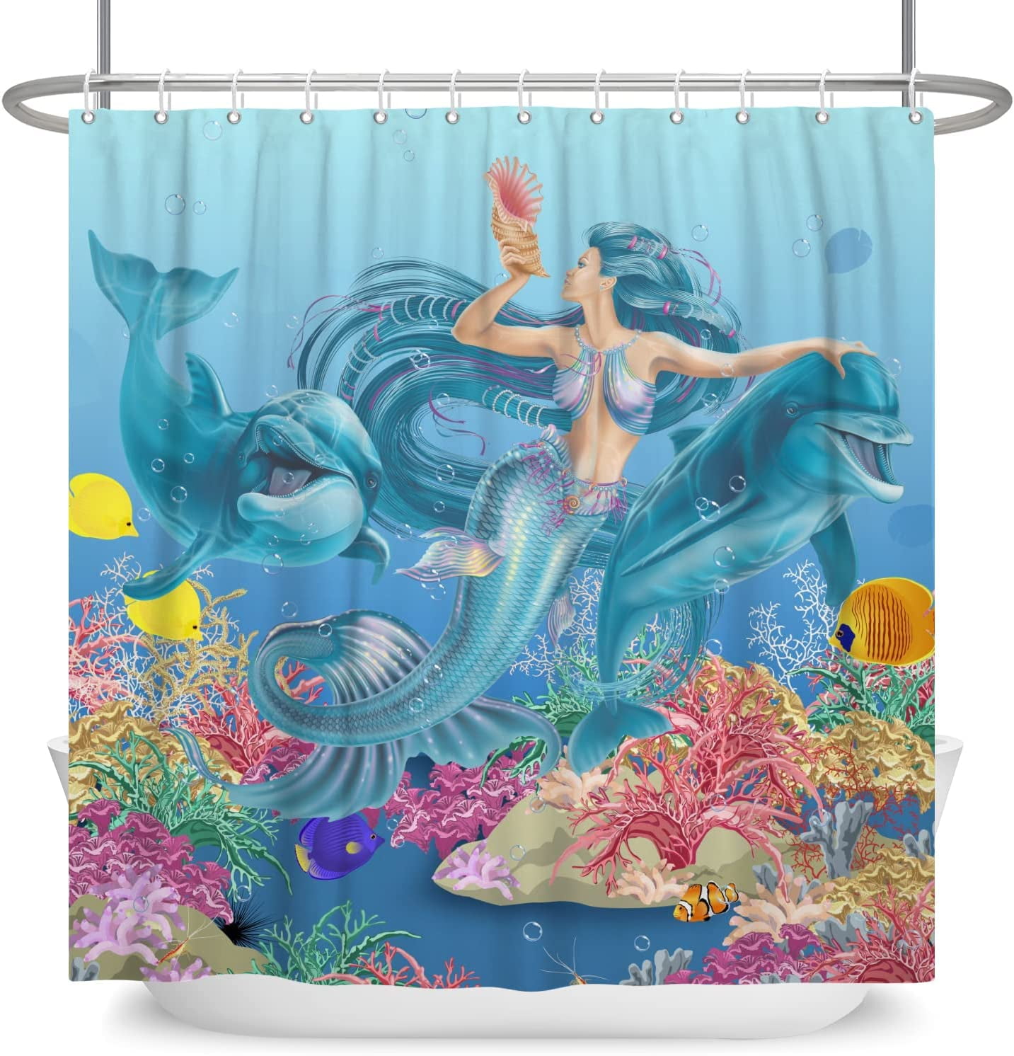 72x84 Inch Teal Blue Mermaid Dolphin Shower Curtain Kids Nautical Ocean  Shower Curtains for Bathroom Marine Life Girls Shower Curtain Set Funny  Kids Bathroom Decor Waterproof Fabric with Hooks 