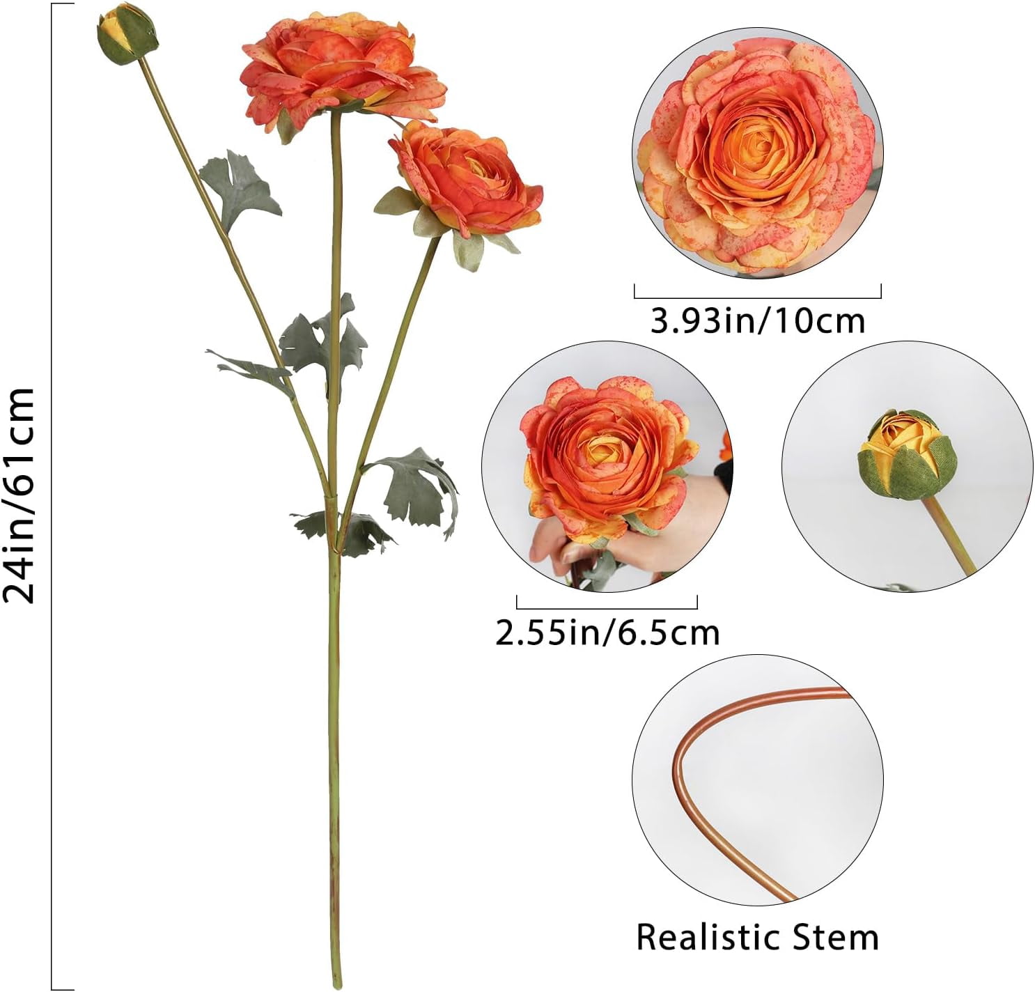 Silk Ranunculus Orange Artificial Flower 5Heads '' Long Stems Realistic Ranunculus Fake Buttercup Flowers for DIY Wedding Bouquets Floral Arrangements Home Kitchen Decorations (Orange)