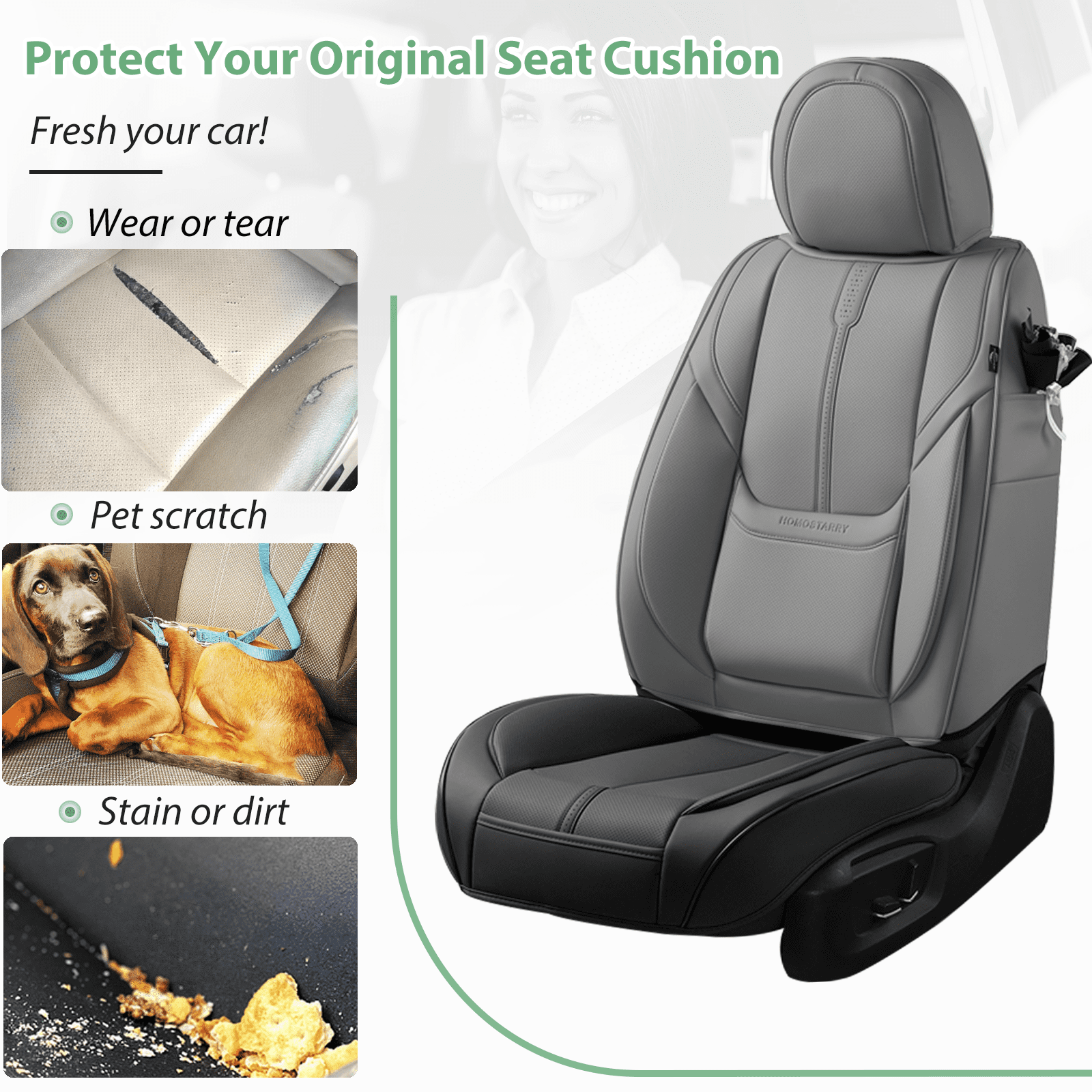 2 Pack Leather Front Car Seat Cover Bottom Only, Anti-Slip Padded Seat Cushion, Full Wrap Seat Protector with Storage Function Universal Fit for Most Cars, SUV, Pick-up Trucks (Black)
