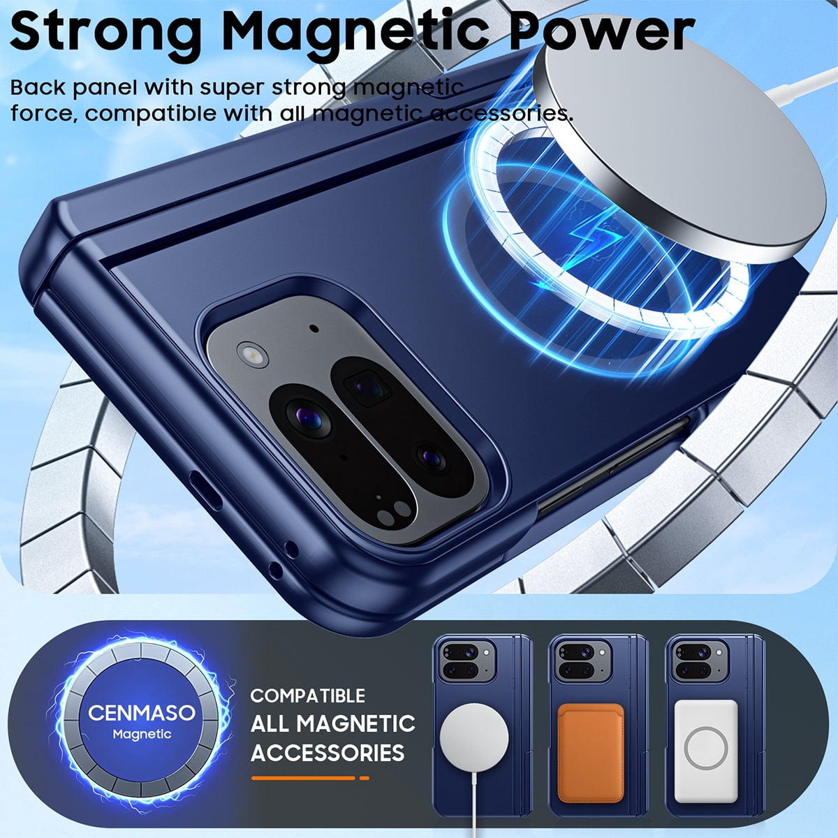 Vizvera Magnetic for Google Pixel 10 Pro Fold Case with Stand, Fit for Magsafe, Hinge Protection, Screen Protector, Built-in Hidden Kickstand, Slim Shockproof Phone Case-Blue