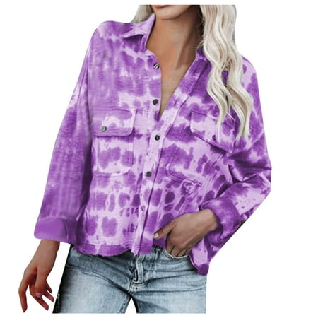 

ASEIDFNSA Long Sleeve Women Short Sleeve Scrub Jackets Women S Fashion Tie-Dye Print Lapel Long Sleeve Blouse Casual Tee Shirts