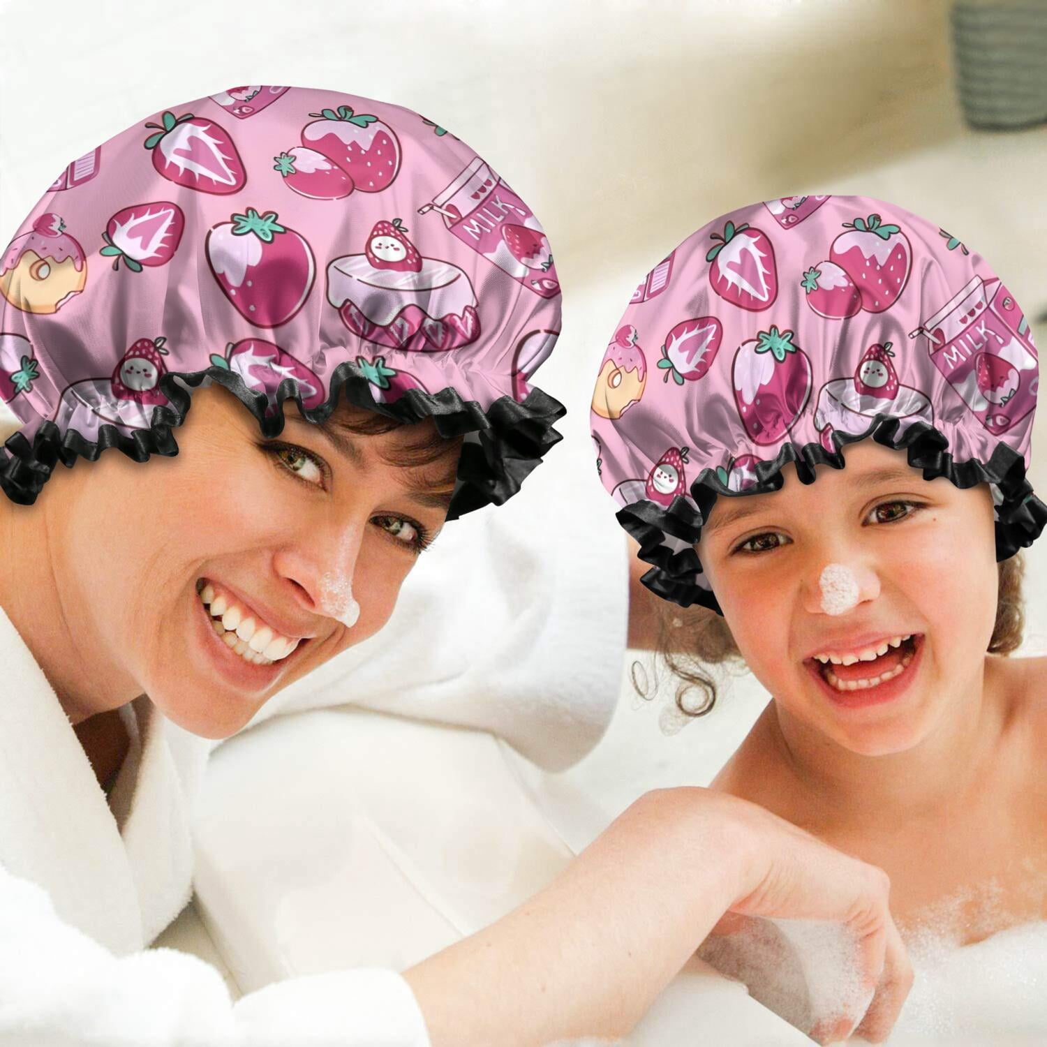 Shower Caps,Strawberry Plants Fruit Dessert Milk Pink Pattern Waterproof Shower Cap for Women 4 Pieces,Double Reusable Hair Cover for Shower PEVA Elastic Stretch Hem