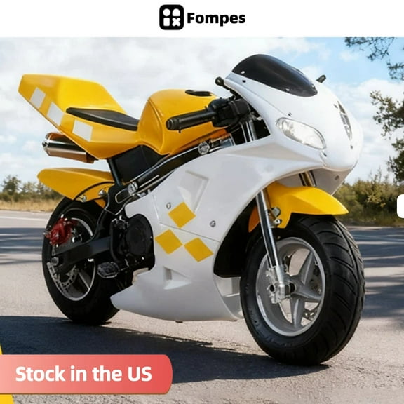 Fompes Gasoline Mini Motorcycle, 49cc Dirt Bike for Kids, 2-Stroke Gas Power Pocket Motorbike with Dual Headlights, Strong Dual Brake Racing, Supports 170lbs, Max Speed 20Mph, Yellow