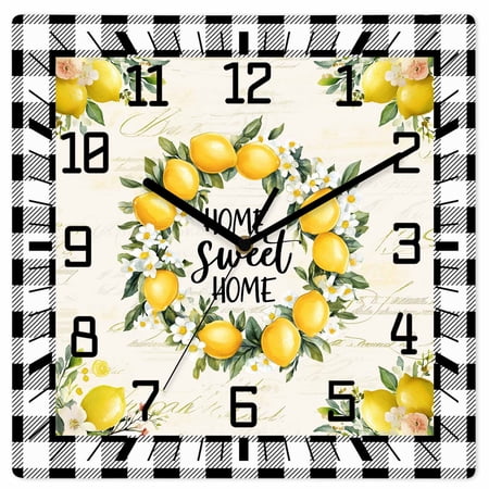 Summer Lemon Wooden Wall Clock Silent Non Ticking, Yellow Botanical Checkered Farmhouse Buffalo Square Wall Clocks Battery Operated, Decor Clock for Home Office, Living Room, Kitchen, 10 Inch