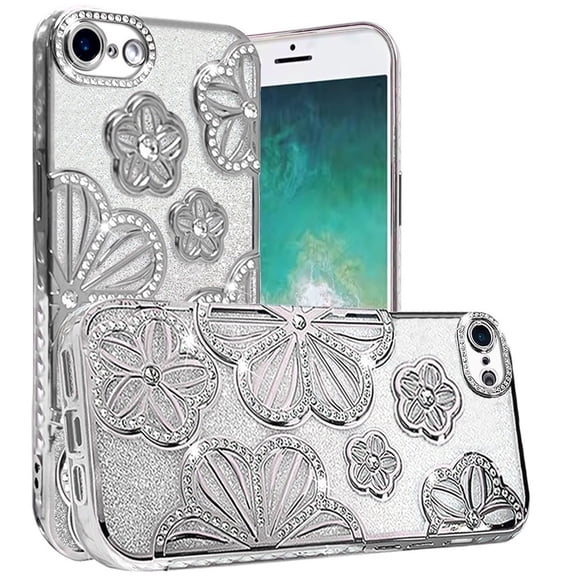 XPM for Apple iPhone 17E /16E Phone Case, Luxury Flower Design Sparkle Glitter Diamond Rhinestone Shimmer Bling Plating Thick TPU Hard PC Cover for Apple iPhone 17E /iPhone 16E (Silver)