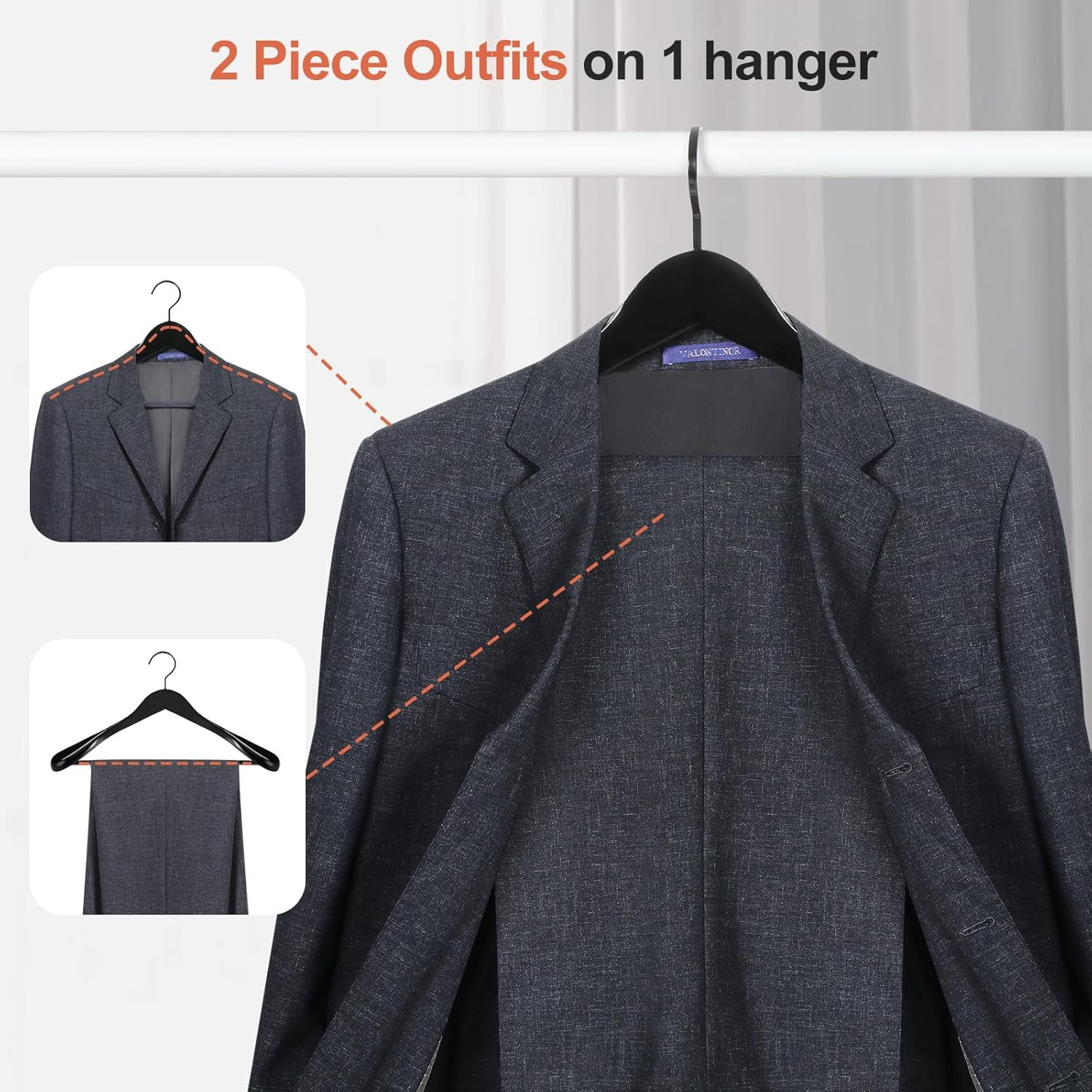 Black Wooden Coat Hanger 6 Pack, Wide Shoulder Wood Suit Hangers with Extra-Thick Flat Hooks & Anti-Slip Pants Bar, Heavy Duty Clothes Hangers,Glossy Finish, Black-CT02H