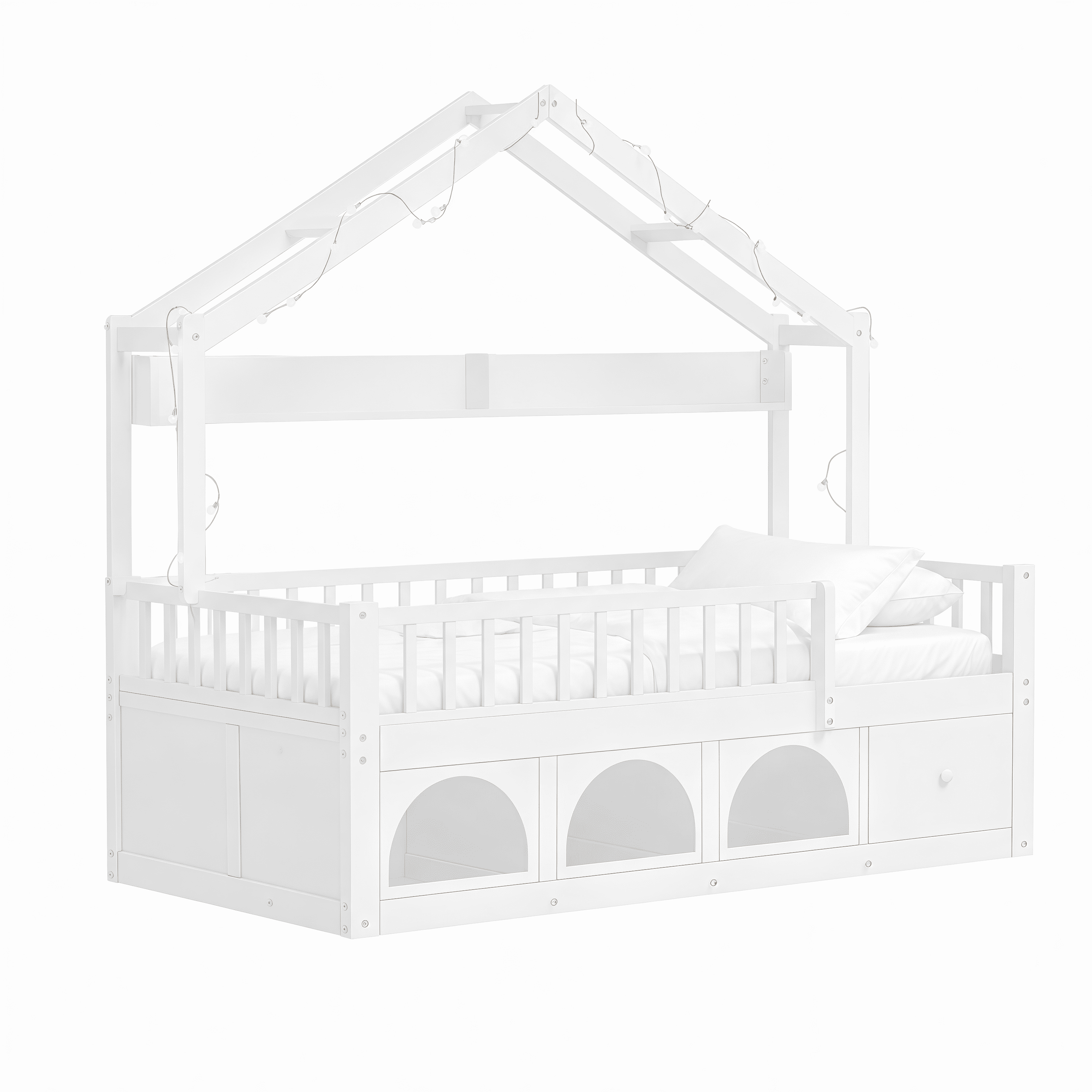 Mintazer Twin Montessori Floor Bed with LED Lights & Bookshelf, Kids House Floor Bed with 3 Arched Cubbies & Drawer and Guardrail for Boys Girls Bedroom Playroom, White