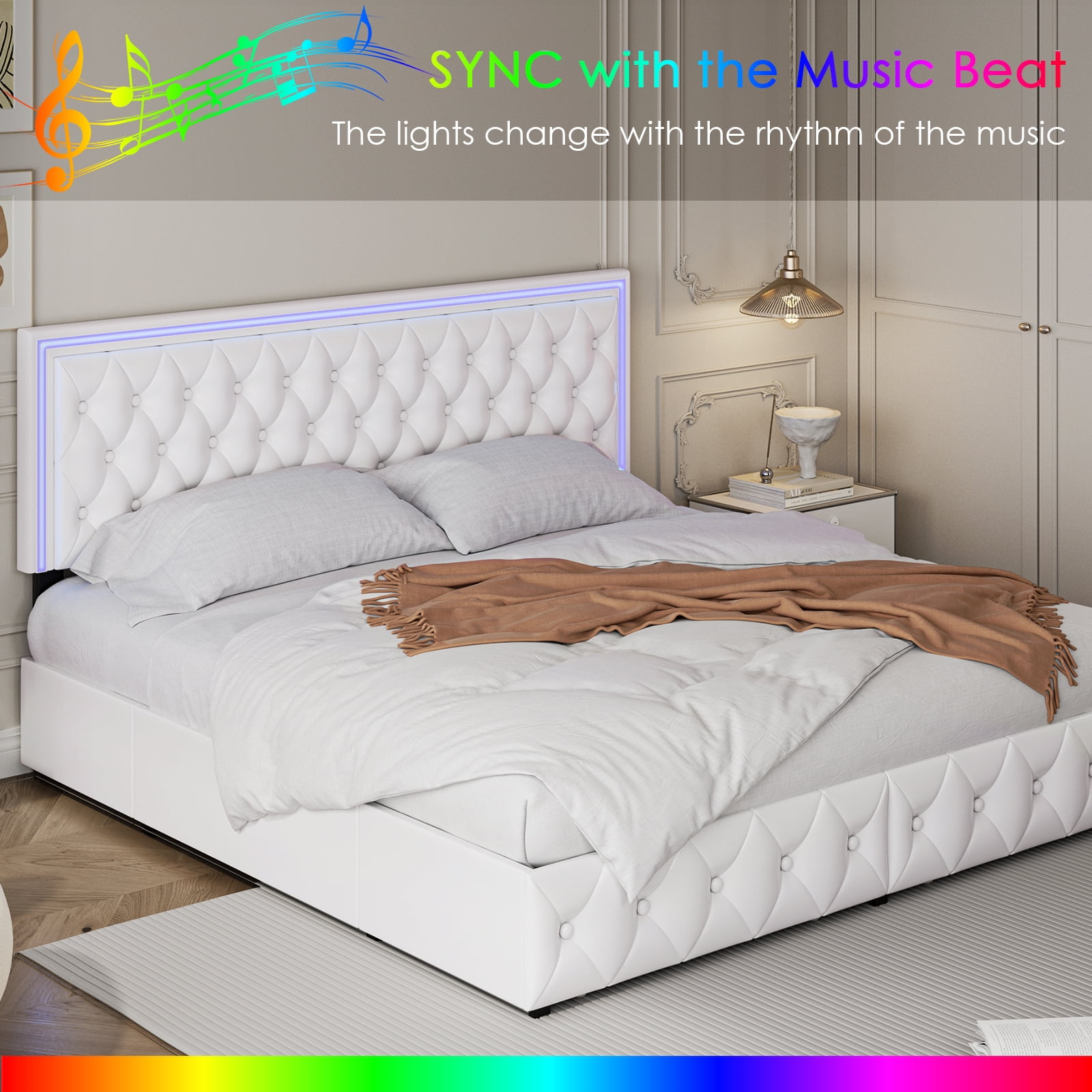 Furniture of America Seboya White King Panel Bed with LED Light