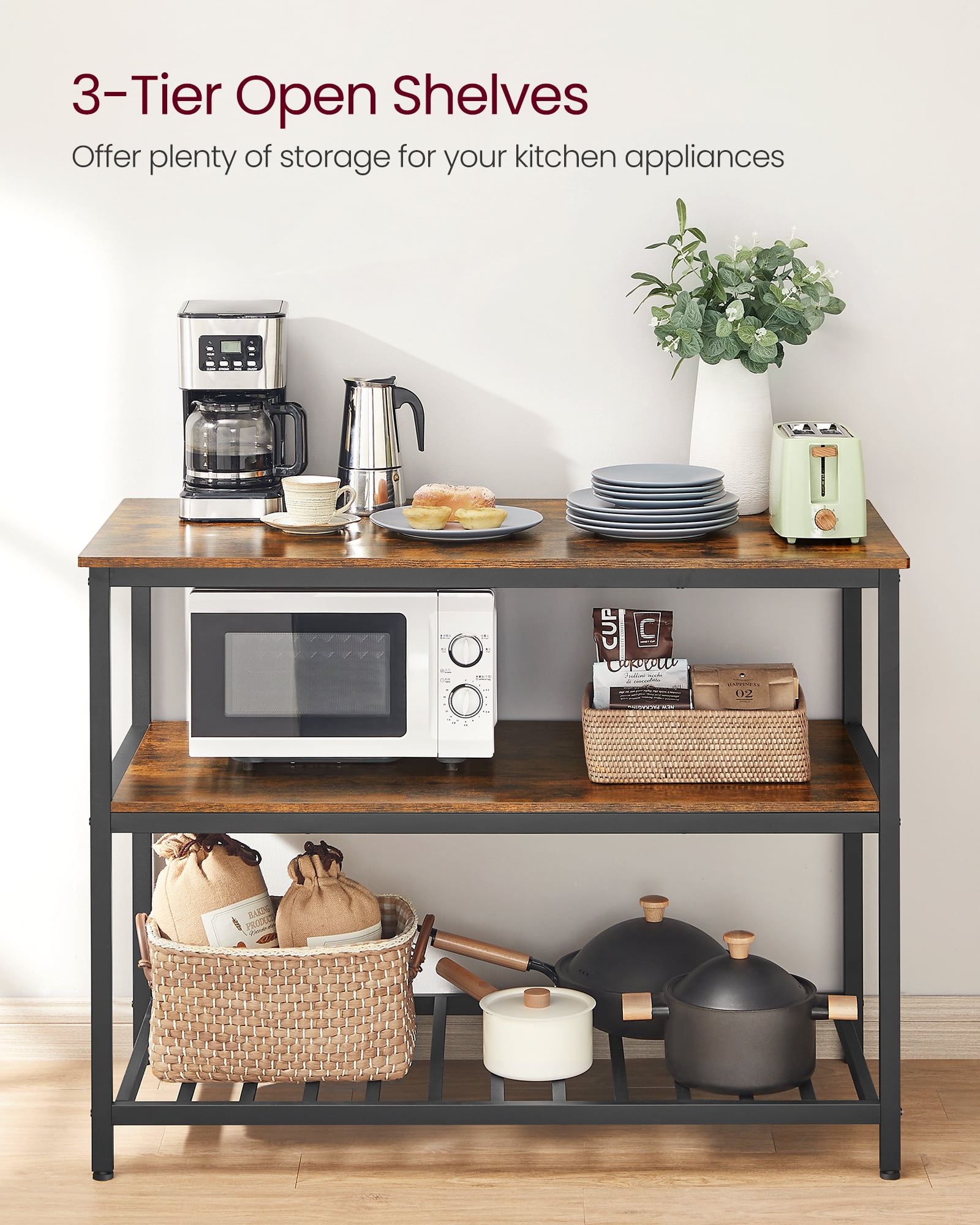 Kitchen Island with 3 Shelves, Island Table, 47.2 Inches Width Kitchen Shelf with Large Worktop, Stable Steel Structure, Industrial