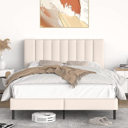 Flolinda Queen Bed Frame  Velvet Upholstered Bed Frame with Whole Headboard  White