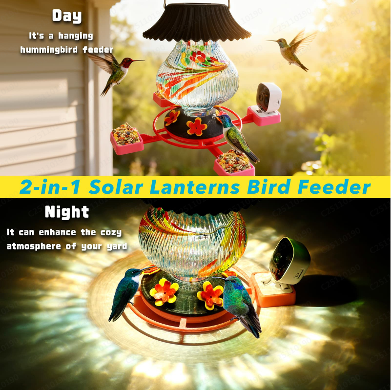 Hummingbird Feeder with Camera Solar Powered 1080P-, Automatically Identifies Species of Bird, Auto Recording, Leak-Proof Ant & Bee Proof Outdoor Hanging Feeder, for Bird Lovers