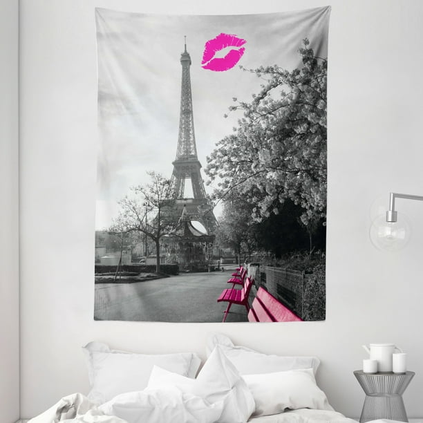 Paris Tapestry Romantic Monochrome Photo Of Eiffel Tower With Pink Benches And A Kiss Mark Wall - Black White Pink Wall Tapestry