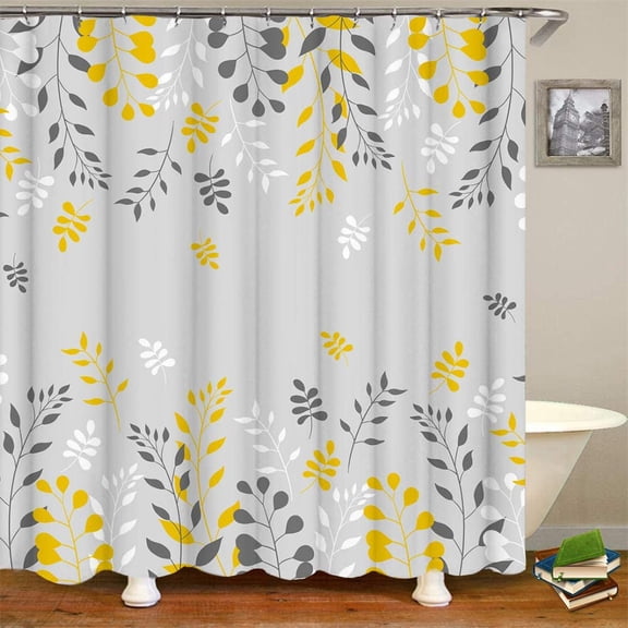 Grey and Yellow Shower Curtain Whimsical Leaf Shower Curtain for Bathroom Decor with Hooks,Polyester 72"W x 72"L (Pack of 1)