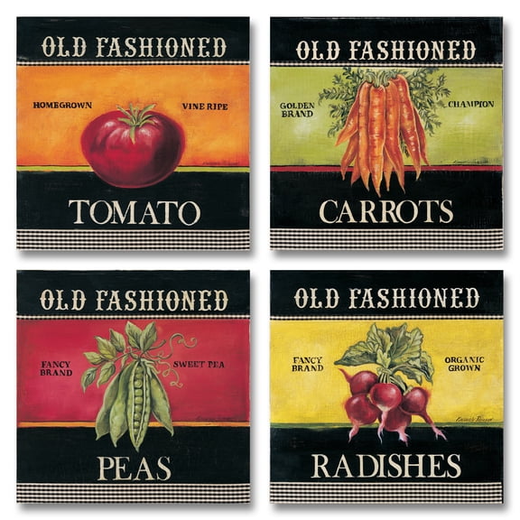 Old Fashioned Home Grown Tomato, Carrot, Peas and Radish Signs: Four 12X12 Prints