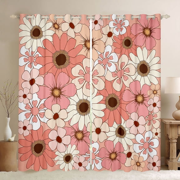 Homewish Cartoon Flower Daisy Black Out Curtains,Retro Rustic Floral Curtains Pack of 2 (42x63 Each),Pink Orange Blossom Bedroom Curtains For Girls Kids,Microfiber Bedroom Decor