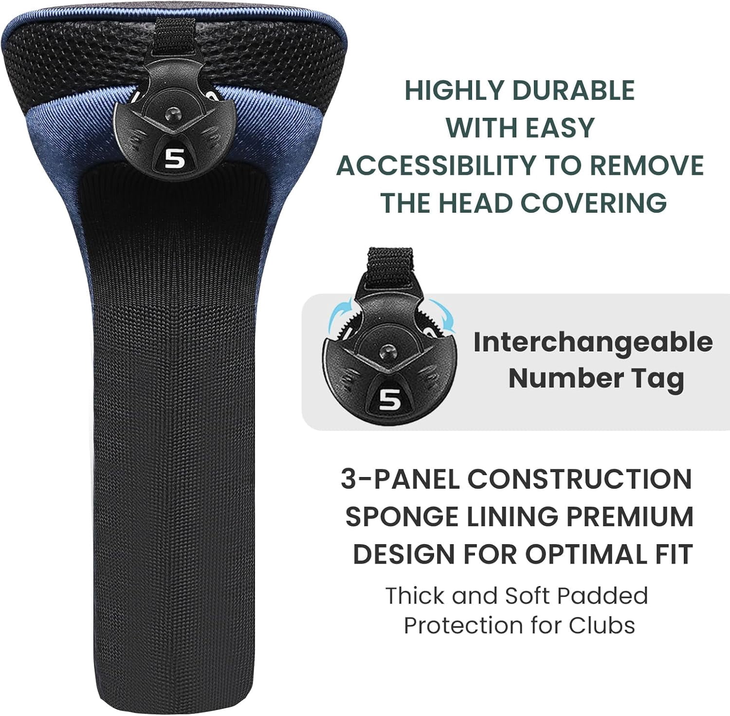 Golf Club Head Covers Woods Hybrids Long Cover, Headcovers with Interchangeable No. Tags Fit All Hybrids Wood Clubs Light Durable