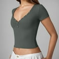 thumbnail image 4 of Women's Sexy Slim Fit Crop Top Short Sleeve T-Shirt Double Lined Button Up Going Out Casual Comfortable Stylish Fashion Tee, 4 of 7