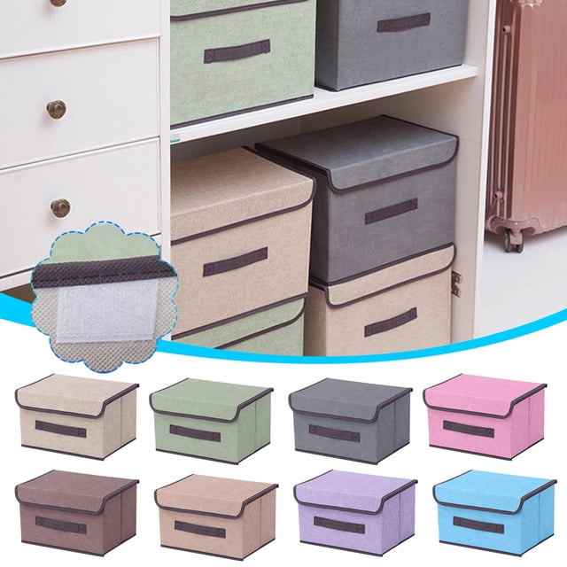 Set de cajas plegables plegables cubiertas de tela de lino | Recipientes de tela sin tejida con tapas y asas de transporte | Organización Familiar Versátil para Ropa y Artículos Esenciales | Pack de