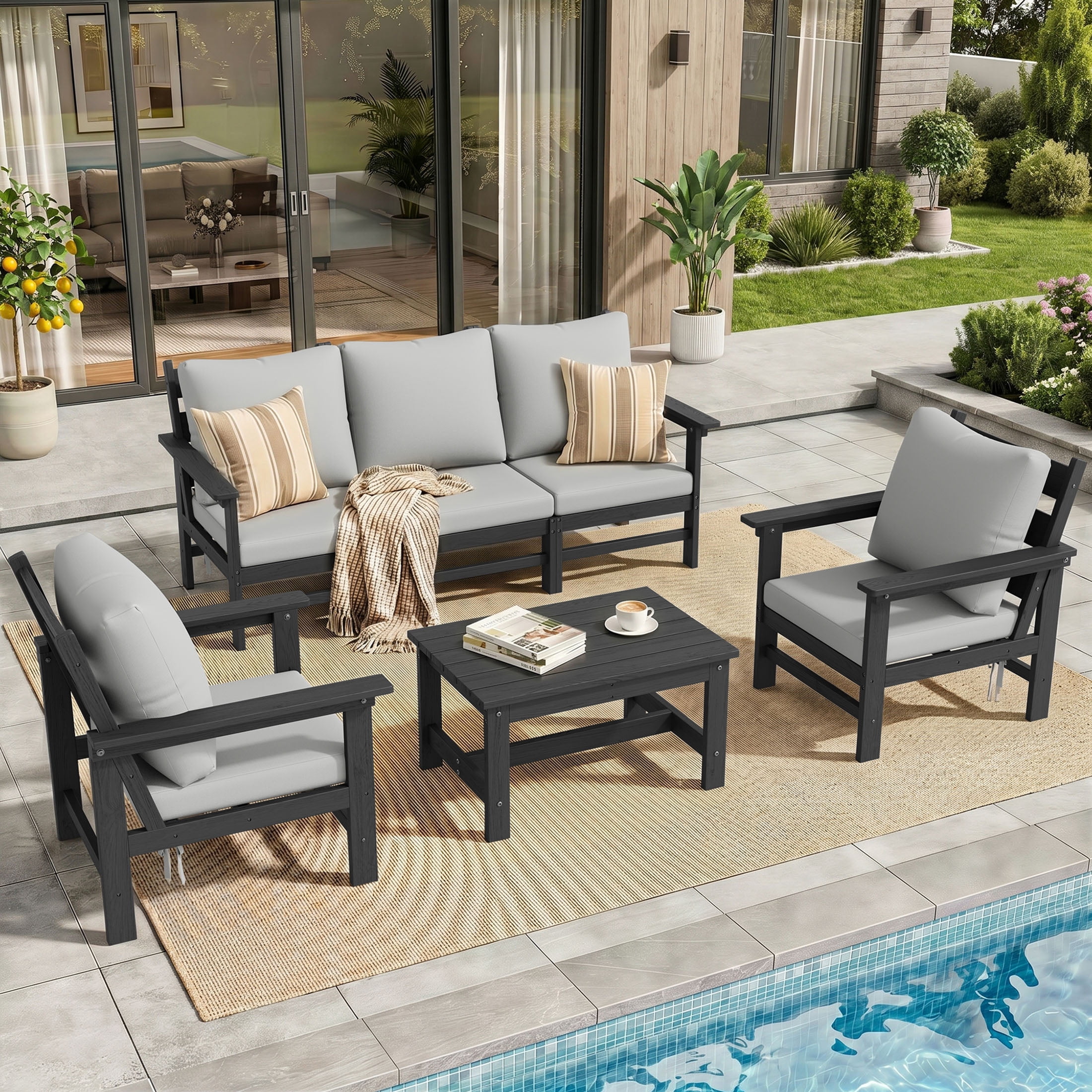 UDPATIO HDPE Patio Conversation Set, 6-Piece Sectional Outdoor Furniture Set, All-Weather Outdoor Couch Set for Deck, Lawn, Grey Frame with Grey Cushion