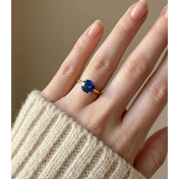 vylahjewellery Engagement Rings for Woman Moissanite Diamond 14K Vermeil Yellow Gold Solitaire Ring Blue Round Gemstone Handmade Proposal Ring Minimalist Moissanite Wedding Jewelry for Women
