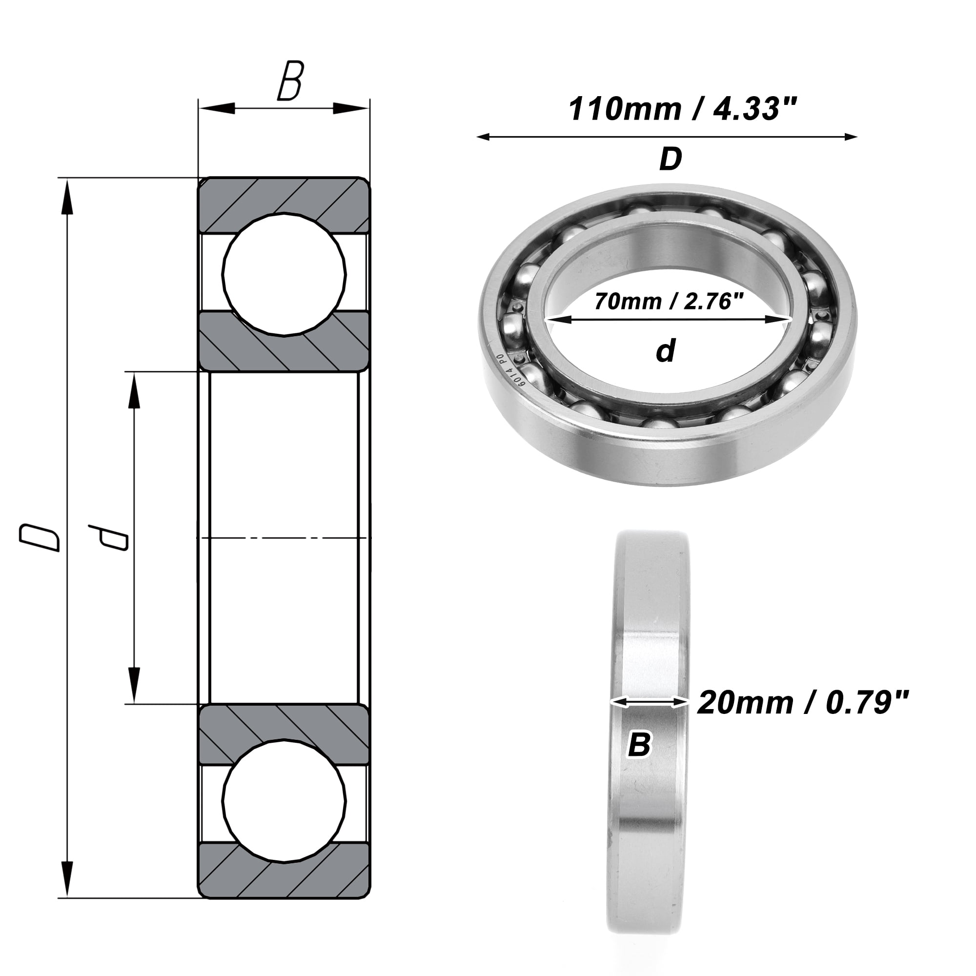 Unique Bargains 6014 Deep Groove Ball Bearings P0 70x110x20mm Lubricated Bearings Open Type Silver Tone Scooter Skateboard Wheel