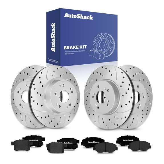 AutoShack Front Vented & Rear Solid Drilled & Slotted Silver Zinc Coated Brake Rotors   Ceramic Pads 12-PC Brake Kit Replacement for 2008-2017 Honda Accord SilverShield Pro