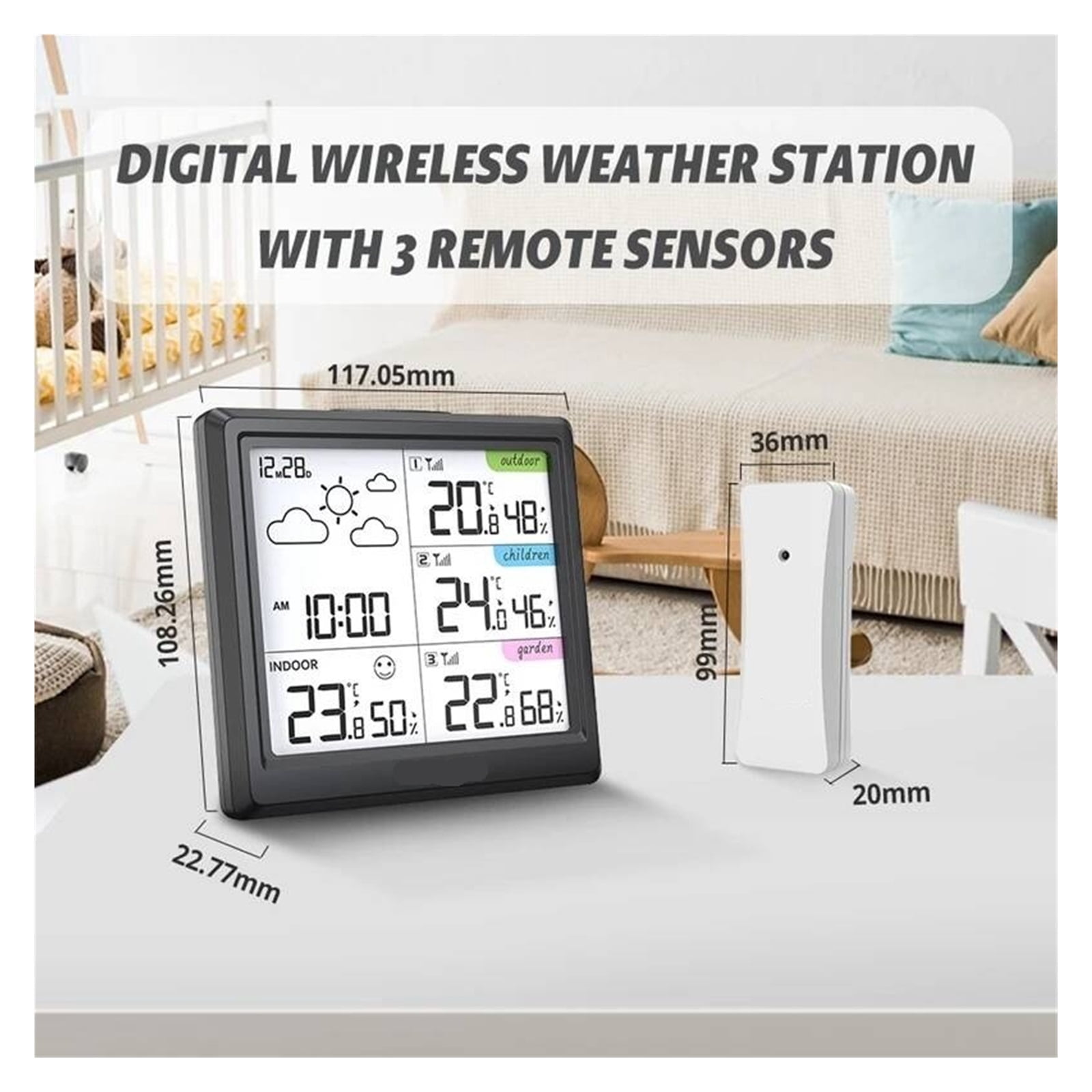 Wireless Weather Station with 3 Remote Sensors, Multi-Zone Digital Monitor