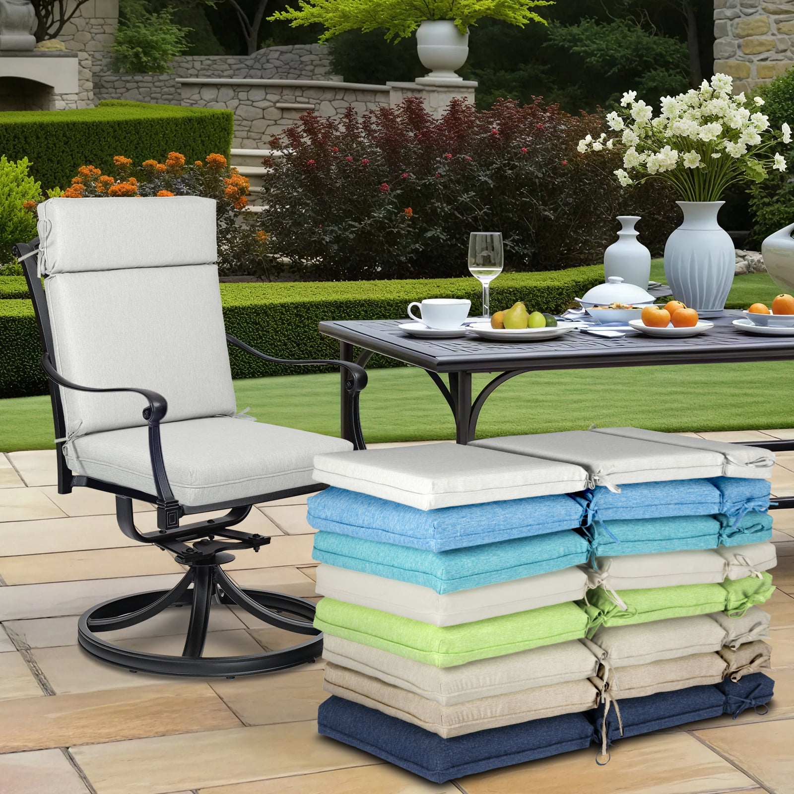 BPS Outdoor High Back Dining Chair Cushion Set with Ties and Zipper, 44"x21"x3.2", Water Repellent & Stain Resistant, Light Gray, Set of 2