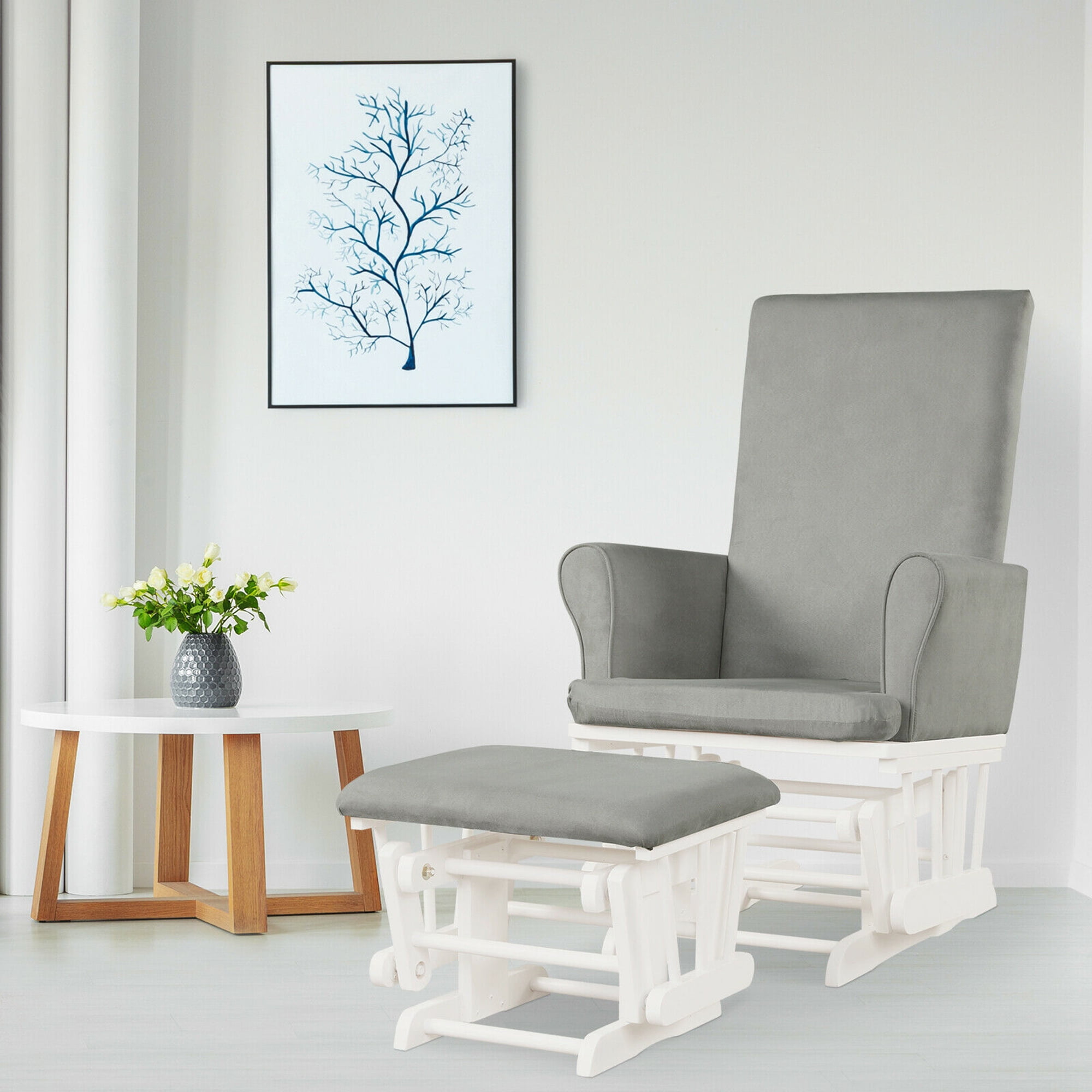 Gymax Glider and Ottoman Cushion Set Wooden Baby Nursery Rocking Chair Grey