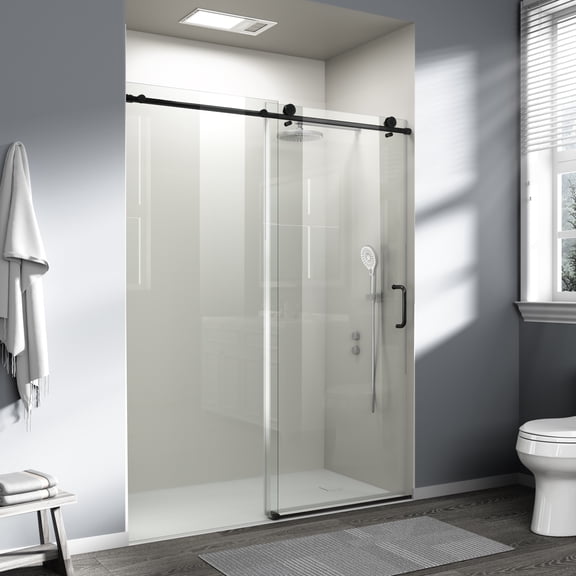 56" - 60" W x 76" H Single Sliding Shower Door, Frameless Bathroom Sliding Door with 1/4" (6mm) Tempered Glass for Walk-in Shower, Matte Black
