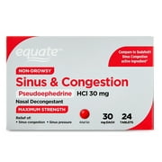 Equate Non-Drowsy Pseudoephedrine Tablets for Sinus Pressure and Congestion Relief, 30mg, 24 Count