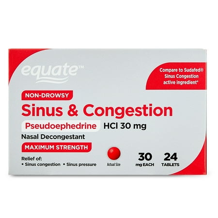 Equate Non-Drowsy Sinus and Congestion Pseudoephedrine HCI 30 mg Maximum Strength Tablets, 24 Count, Compare to Sudafed® Sinus Congestion Active Ingredient