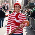 thumbnail image 6 of Alaiyaky Red and White Striped Costume Suit, Halloween Costumes Striped Shirt with Hat Glasses, Men Women Halloween Costumes World Book Day Outfit, 6 of 7