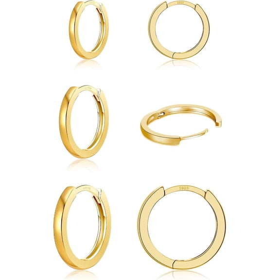 3 Pairs 925 Sterling Silver Hoop Earrings 14K White Gold Plated Small Silver Hoops Cartilage Huggie Earrings for Women Men K-Gold 6/8/10mm